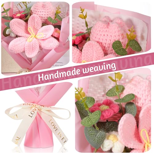 Crochet Flowers Bouquet Handmade Crochet Flowers Completed Crochet-Tulip-Flowers for Wedding Anniversary Birthday Graduation Gifts Birthday Home Decor, Pink