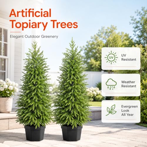 4FT Lighted Artificial Topiary Trees Outdoor Set of 2, Norfolk Pine Trees with Warm White Lights, Potted Faux Evergreen Trees for Front Porch, Entryway, Patio, Christmas Indoor Outdoor Decor