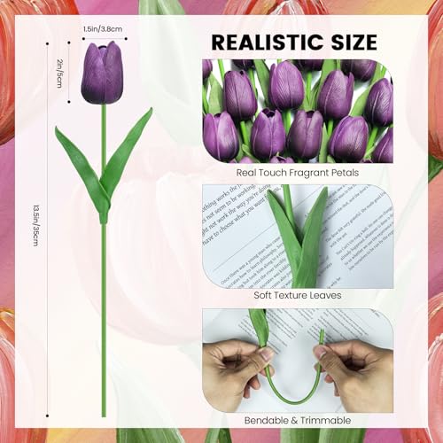30 PCS Artificial Tulips Real Touch Tulips 13.5inch Long Stem Fake Flowers Silk Flowers for Spring Easter Mother's Day Decorations（Dark Purple） - color: Dark Purple