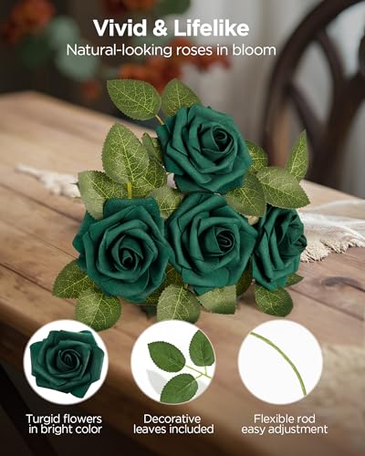 InnoGear Artificial Flowers, 50 Pcs Hunt Green Foam Fake Roses Bulk with Stems for St. Patrick's Decoration DIY Wedding Bouquets Centerpieces Bridal Shower Party Valentines Christmas Tree - color: Hunt Green