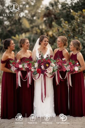 TINGE TIME 7 Inch Wedding Bouquets for Bridesmaid, Artificial Flowers Cascading Bridal Bouquet for Wedding (Burgundy & Pink, Set of 4) - color: Burgundy & Pink
