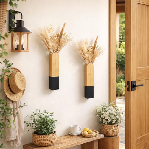 Modern Wall Vase, Natural and Black Two-Tone Finish, 11.8x2.6x1.6 Inches, Wall Mount Design for Bathroom, Kitchen, Farmhouse, Dining Room Decor - color: Natural and Black