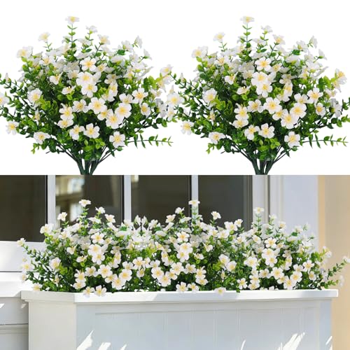 SJL Artificial Spring Flowers, 12 Bundles No Maintenance Faux Flowers for Outdoor Planters, Fake Greenery Durable Faux Floral Bundle for Porch Living Room Office Garden Ornament(White) - color: Bundle White-flower