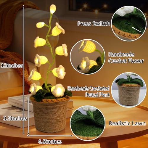 Lily of The Valley Lamp, Crochet Artificial Flowers with 10 Little Night Lights, Cordless Flower Bedside Lamps Small Table Lamp for Mothers Day,Birthday Gifts,Christmas,Valentine Home Decor (White) - color: White