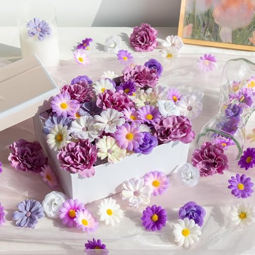 ATTGREAT 310 Pcs Fake Flower Heads Mini Artificial Flower Bulk Silk Flowers for Decoration Small Faux Flower Heads Fabric Daisy Buds Floral for Crafts DIY Wedding Party Baby Shower Home Decor, Purple - color: Purple