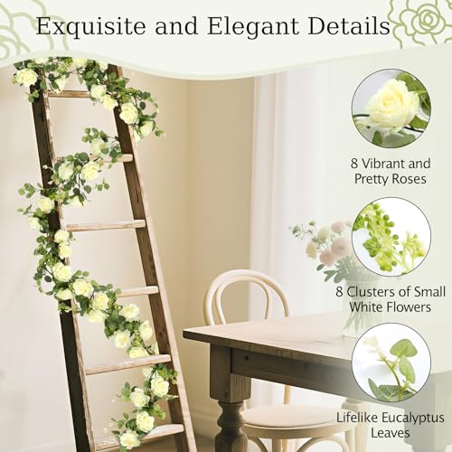 Lewondr Artificial Eucalyptus Garland with Flower - 8 Roses, 6FT Faux Floral Greenery Garlands Fake Flowers Vines, Maintenance-Free for Wedding Table Backdrop Party Centerpiece Room Decor, Champagne - color: Champagne Color, size: 1 Pack