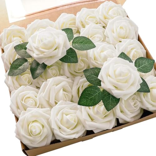 Artificial Flowers Roses with Stems for DIY Wedding Christmas Tree Bouquet Baby Shower Centerpiece Floral Arrangement Party Home Decor Mothers Day Decorations (Cream, 25) - color: Cream, size: 25