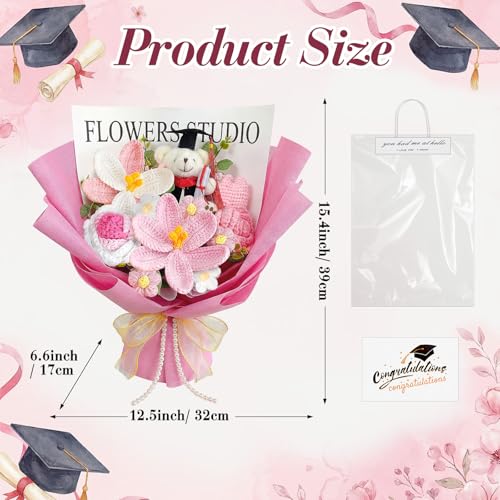 Giegxin Graduation Crochet Flowers Bouquet Set 2026 Grad Cap Plush Bear Hand Knitted Tulip Daisy Sunflower Rose Bouquet Greeting Card Gift Bag for Wedding Birthday Party Favors (Pink) - color: Pink