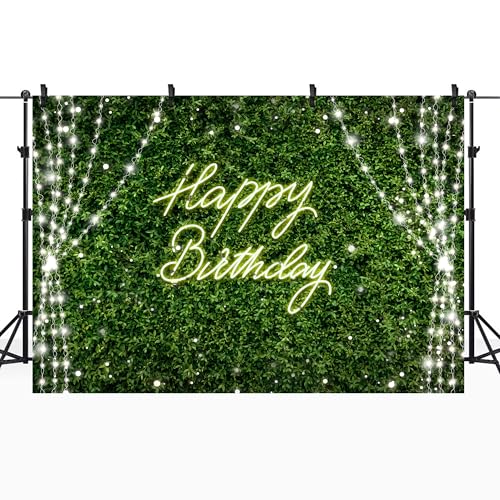 Riyidecor Green Happy Birthday Backdrop Polyester Fabric for Woman Rustic Spring Leaf Grass Neon 8Wx6H Feet Plant Botanical Leaves Nature Photography Background Birthday Baby Shower Photo Studio Shoot - color: D-Green Birthday（Light）, size: 8Wx6H