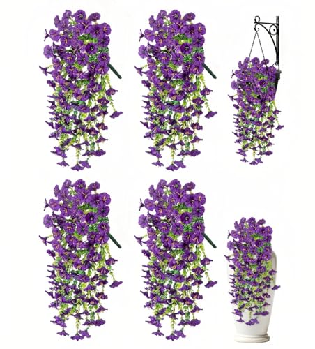 Artificial Hanging Flowers for Outdoors, 4 PCS UV Resistant Morning Glory Flowers with Eucalyptus Leaves, Silk Fake Flower Realistic Faux Plants for Home Patio Porch Garden Decor, Purple - color: Purple