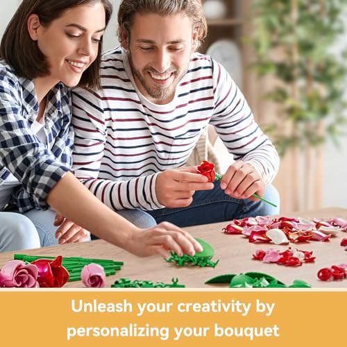 Rose Flower Bouquet Building Set: Artificial Flowers Botanical Collection Blocks Kit for Women Girls Wife Adults Home Decor Thanksgiving Christmas Mother's Day Valentine's Gifts 6-Pack - color: 3 Red & 2 Pink & 1 White