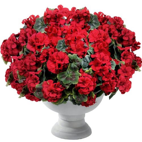 8 Pcs Artificial Geraniums Flowers for Outdoor Spring Summer Decor - UV-Resistant & Realistic Silk Faux Plants for Garden Porch Patio Yard Balcony Home Kitchen Table Centerpieces Decoration, Red - color: Red