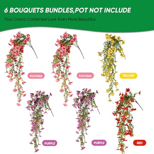 6 Bundles Artificial Flowers for Outdoors, UV Resistant Fake Hanging Flower, Realistic Silk Flowers for Indoor Outside Garden Patio Balcony Farmhouse Porch (Fuchsia, Red, Purple, Yellow) - color: 4 Multicolor