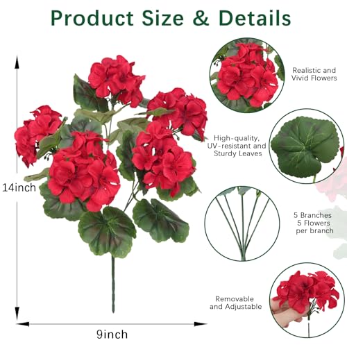 8 Pcs Artificial Geraniums Flowers for Outdoor Spring Summer Decor - UV-Resistant & Realistic Silk Faux Plants for Garden Porch Patio Yard Balcony Home Kitchen Table Centerpieces Decoration, Red - color: Red