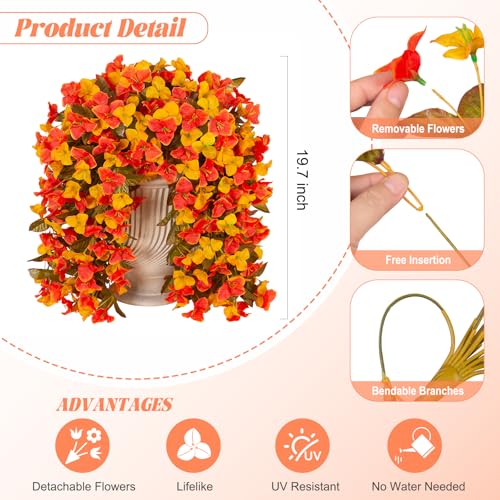 INXUGAO 2 pcs Artificial Faux Bougainvillea Fall Flowers Plants for Outdoor Outside Decoration, Fake Silk UV Resistant Long Trailing Vines for Front Door Porch Planter Balcony Decor - color: Orange Yellow