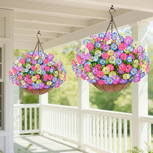 Elyum 2 Pack Artificial Hanging Flowers for Outdoors, Fake Flowers Artificial Petunias Hanging Baskets for Outdoors, UV Resistant Fake Hanging Plants Flowers for Outside Garden Patio Porch Decor - color: Mixed Colors 4, size: 2 Pack