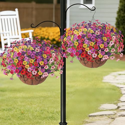 HyeFlora 2 Set Artificial Outdoor Flowers Hanging Basket, Faux Hanging Plants for Outside Spring Decoration, Fake Silk UV Resistant Look Real Daisy for Porch Patio Home Decor - color: 6 Multicolor