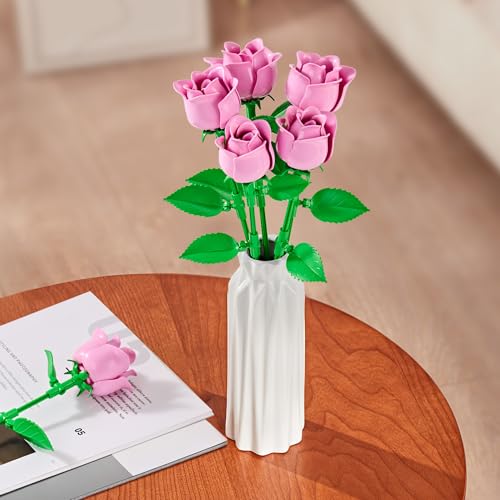 Rose Flower Bouquet Building Set: Artificial Flowers Botanical Collection Blocks Kit for Women Girls Wife Adults Home Decor Thanksgiving Christmas Mother's Day Valentine's Gifts 6-Pack - color: New Pink