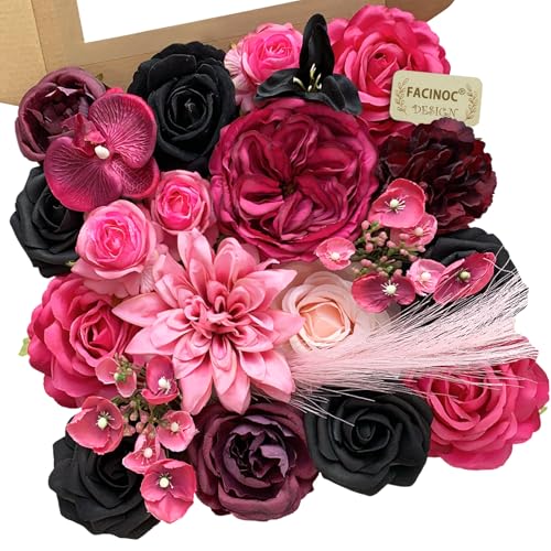 FACINOC Roses Artificial Flowers Pink Fake Flower Bouquet for DIY Bridal Wedding Shower Decorations Party Table Centerpieces Cake Decorating Silk Floral Arrangement for Home Decor Indoor Fuchsia Black - color: Fuchsia Pink, Black