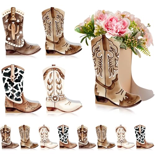 12 Set Western Boots Flower Boxes Centerpiece Boot Shape Gift Boxes Party Decoration Vase Centerpieces for Tables Boots Rodeo Birthday Baby Shower Supplies (Western,Cowboy Cow) - color: Cowboy Cow, style: Western
