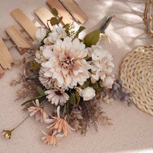 16-inch Artificial Fake Flowers Silk Table Arrangements Faux Plastic Floral Centerpieces for Home with Roses, Dandelions, Daisies, Hydrangea, Eucalyptus, Chrysanthemums and Hollyberries - color: Cappuccino