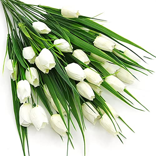 8 Bundles Outdoor Artificial Tulips Fake Flowers UV Resistant Faux Plastic Greenery Shrubs Plants for Home Outside Garden Porch Window Farmhouse Decor (White) - color: White