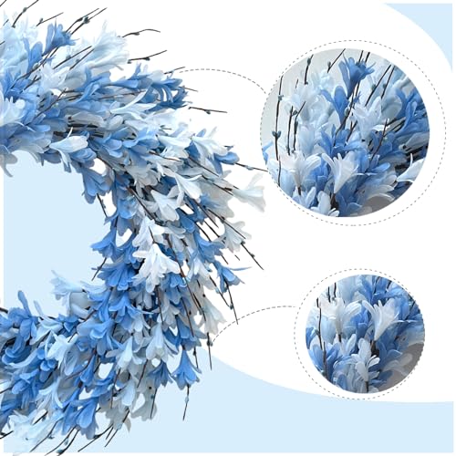 22inch Artificial Forsythia Flower Wreath Spring Summer Fall Wreath Silk Leaves for Front Door Porch Farmhouse Patio Garden Home Decor (Blue) - color: Blue