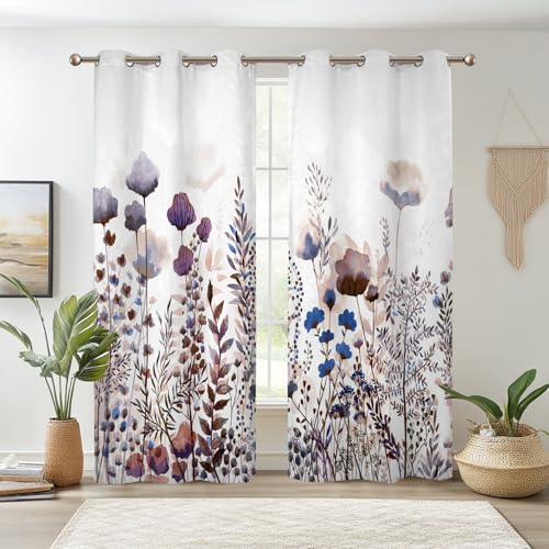 Renaiss Wild Flowers Blackout Curtains, Pastel Botanical Floral Print Thermal Insulated Bedroom Window Curtains, Nature Plants Window Curtains for Kitchen, 45" L x 29" W 2 Panel Set - color: Purple & Blue, size: 29"W x 45"L (Pack of 2)