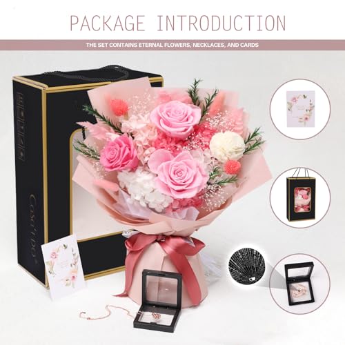 Casaido Preserved Flowers for Delivery, Mothers Day Pink Flower Bouquets with Necklace, Forever Real Roses Anniversary Birthday Valentines Day Christmas Rose Gifts for Women Mom Wife Girlfriend - color: Pink