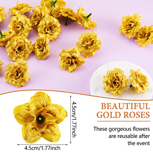 Syhood 100 Pieces Artificial Roses Head 1.77 in Rose Small Silk Fake Floral for Wedding Wall Garland Bouquet Derby Crafts Decorations(Gold) - color: Gold