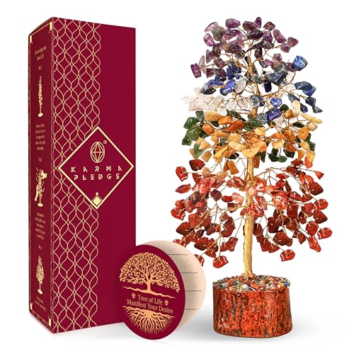7 Chakra Healing Crystal Tree of Life for Manifestation, Handmade Crystal Tree for Good Luck, Positive Energy, Reiki, Home Office Room Wall Decor, Unique Birthday Gift for Women, Men, Mom & Dad - color: Wooden Base 7 Chakra Full Golden Wire Tree