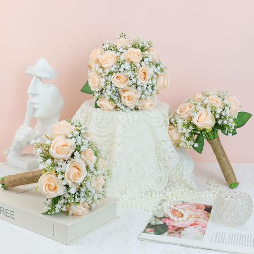 Wedding Bridesmaid Bouquets Set of 4 - 7 Inch Artificial Flower Bouquet for Bridesmaid, Silk Champagne White Rose Fake Small Bouquet Handmade for Wedding Bridal Shower Party Ceremony Anniversary Decor - color: Champagne, size: Set of 4 Bridesmaid Bouquets