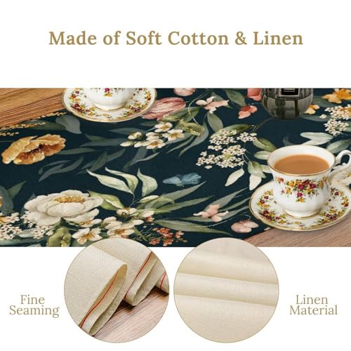 Vintage Floral Table Runner for Linen Table Decor, Retro Green Botanical Flower Printed for Dining Room Kitchen Office Party Holiday Home Decorate 13" x 36" - color: Floral_23, size: 13"W x 36"L (Pack of 1)