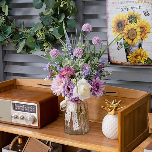 LUEUR Artificial Faux Flowers in Vase-Fake Purple Transvaal Daisy and Dandelion Flowers with Vase for Spring Decor Arrangement Decor Home Coffee Table Decor Dining Room - color: Purple & White
