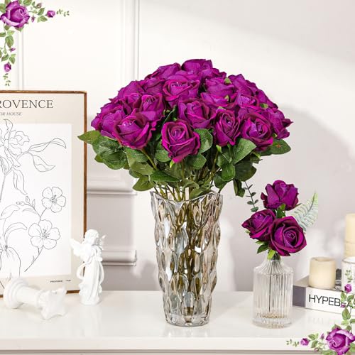 36 Pcs Dark Purple Velvet Artificial Flowers, Realistic Fake Roses Bulk for Wedding Arch, Bouquet Making, Centerpieces - color: Purple