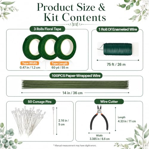 RAINFLOW Mother's Day Floral Arrangement Kit - Floral Tape & Floral Wire Set with Boutonniere Pins & Cutter, Includes 22 Gauge & 26 Gauge Wire for Bouquet & Wreath Making