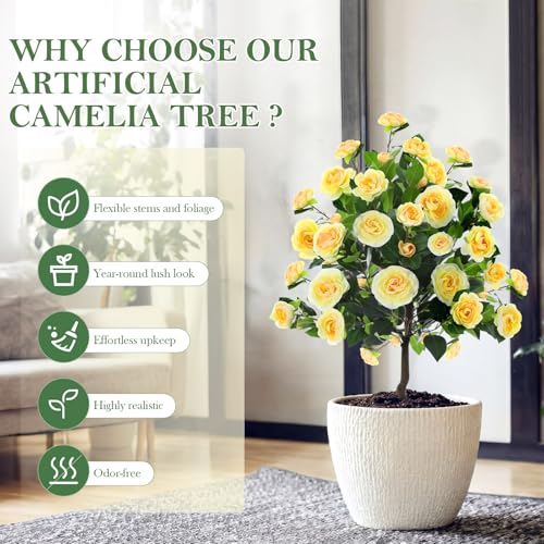 Lunmon 2 Pack 4ft Artificial Camellia Plants Tree 48" Faux Camellia Flower with Spike (Without Vase) UV Resistant Realistic Fake Floral Blooming for Outdoor Front Door Porch Backyard Garden, Yellow - color: Yellow, size: 4 ft