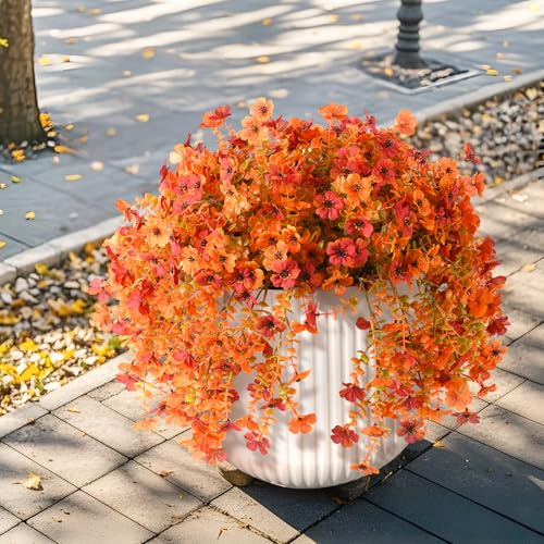 INQCMY Artificial Fall Flowers for Outdoors Fake Mums Hanging Flowers Plants 2Pcs UV Resistant Faux Flowers for Porch Patio Outdoor Decor Home Decor (Orange Autumn Red) - color: Orange Fall Red