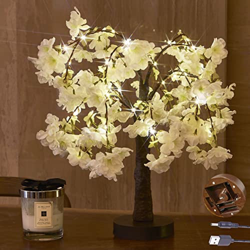 Hairui Lighted White Cherry Blossom Tree Battery Operated 18IN 40 Warm White LED Artifical Bonsai Tree with Timer USB Plug for Wedding Birthday Party Christmas Home Decoration - color: 40l-white
