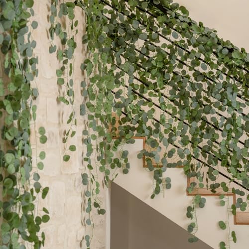 CQURE 24 Pack Eucalyptus Garland, Artificial Greenery Garland Faux Eucalyptus Leaves Table Vines for Wedding Backdrop Fireplace Arch Door Wall Room Decor（168FT）