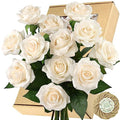 FiveSeasonStuff Light Champagne Artificial Roses Real Touch Silk Flowers with 12 Stems Wedding Bridal Bouquet Home Décor - color: Light Champagne