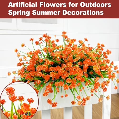 TURNMEON 12 Bundles Artificial Flowers for Outdoors Summer Decorations, UV Resistant Fake Mums Realistic Fake Plants Faux Plastic Flowers for Outdoor Indoor Home Gardens Porch Fall Decor(Orange Red) - color: Orange Red, size: 12 Bundles