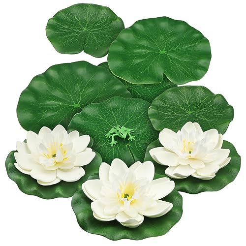 10pcs Artificial Floating Foam Lotus Flowers with Artificial Frog Lotus Leaves, Lily Pads for Lake, Pond Plants Ornaments for Pool Aquarium Water Decoration, White - color: White
