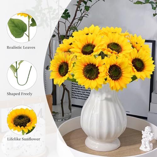 10 Pcs Artificial Sunflowers, Sunflowers Artificial Flowers with Stems, Faux Silk Huge Fake Flower Bouquet for Vase Decor Wedding Table Home Porch Indoor Outdoor Cemetery Decoration (Yellow, 6-Inch) - size: 6-Inch