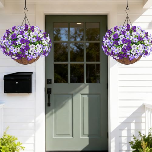 Realistic Artificial Hanging Flowers for Outdoors with Basket, 1 Set Large Size UV Resistant Artificial Outdoor Flowers, Full Faux Outdoor Flowers Fake Hanging Flowers for Porch, Front Door, Garden - color: Three Colored Purple, size: 1 Set