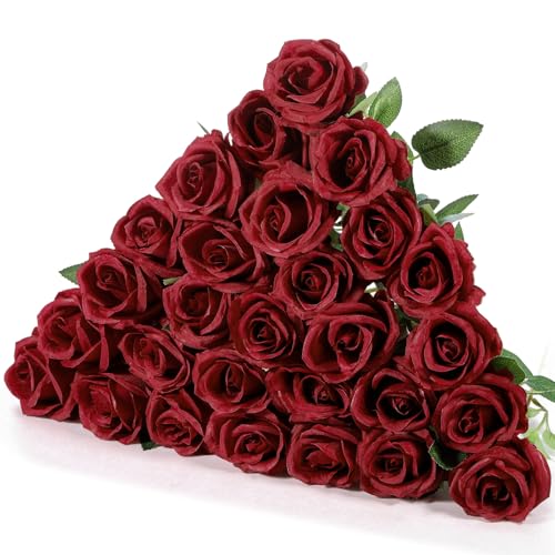 Hotop 20 Pcs Artificial Rose Flowers with Long Stem,Real Lifelike Silk Realistic Plastic Bouquet Roses Bulk for Home Decor Bridal Wedding Party Table Centerpieces Decorations(Wine Red) - color: Wine Red