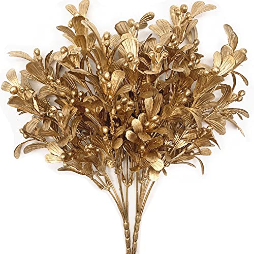 CATTREE Christmas Artificial Flowers, Golden Leaves Branches Plants Fake Berry Plant Decor for Wedding Party Indoor Outdoor DIY Home Office Table Centerpieces Arrangements Decoration - Gold 2 Pack - color: Gold Leaves Berry Grass-2 Pcs