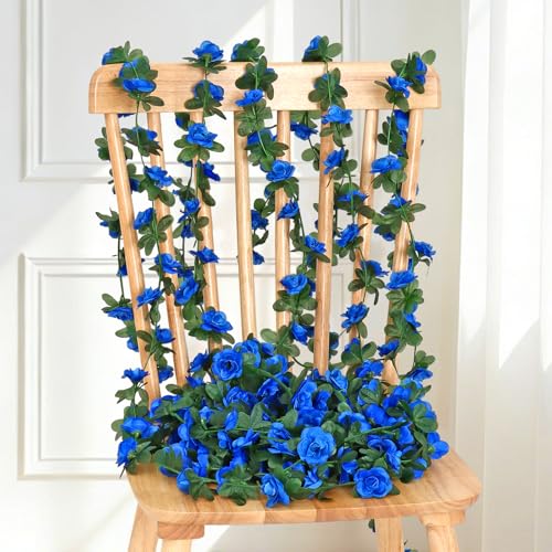 KHOYIME 9 Pack 72 FT Artificial Flower Garland, Fake Blue Roses Vines Silk Flowers Faux Plastic Outdoor Hanging Floral Ivy Garland Decoration for Wedding Arch Bedroom Home Wall Backdrop Room Decor - color: Blue, size: 9pcs
