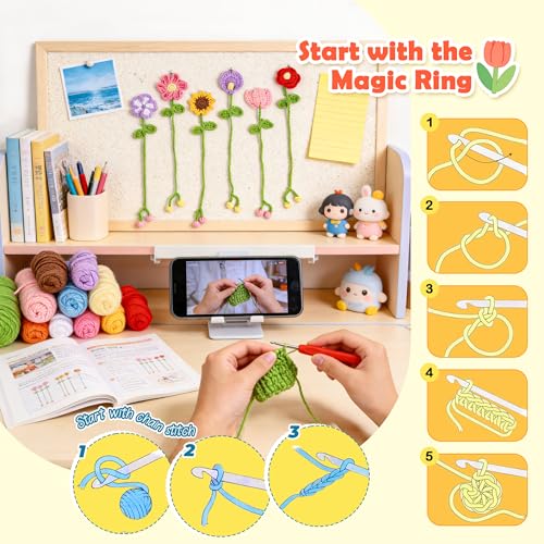 Joyclub Crochet Kit for Beginners 10 Flower Bookmarks Crochet Starter Kits with Step-by-Step Video Tutorials and Instructions DIY Craft Gift for Adults Book Lovers Mother Teacher Student - color: Crochet Bookmark