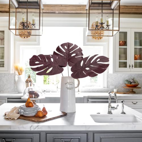 DILATATA Artificial Monstera Leaves with Stems 30" Fall Faux Tropical Leaf Burgundy Silk Monstera Leaves Fake Palm Branches for Home Fireplace Farmhouse Centerpieces Thanksgiving Wedding Autumn Décor - color: 30“ Monstera#burgundy Silk 3pcs